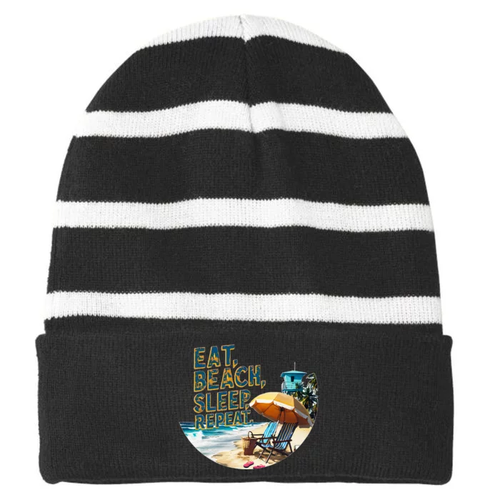 Eat Beach Sleep Repeat Sea Humorous Beach Striped Beanie with Solid Band