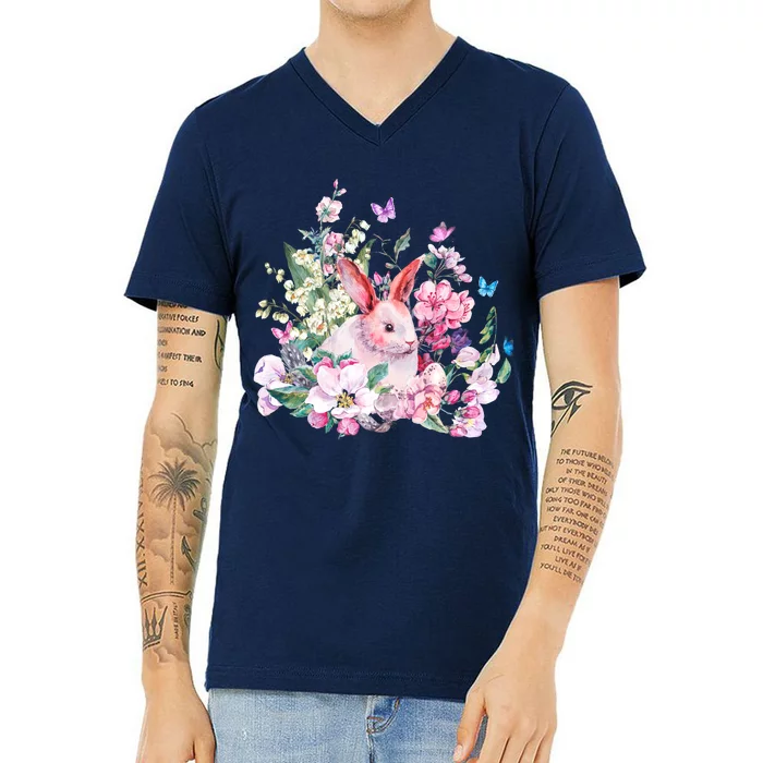 Easter Bunny Spring Flower V-Neck T-Shirt