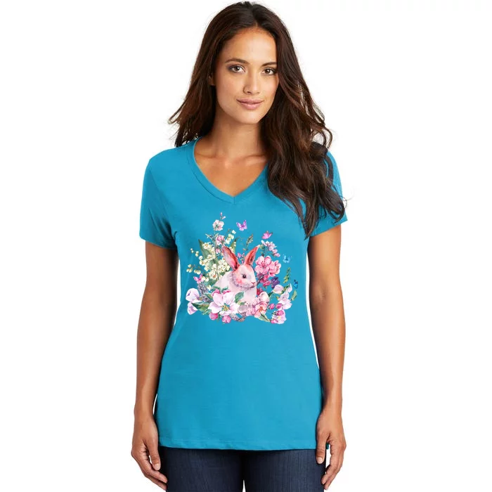 Easter Bunny Spring Flower Women's V-Neck T-Shirt