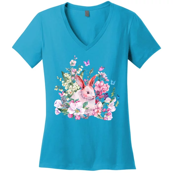 Easter Bunny Spring Flower Women's V-Neck T-Shirt