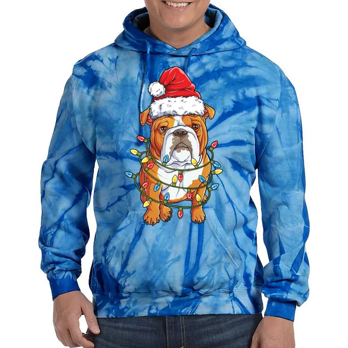 English Bulldog Santa Christmas Tree Lights Xmas Boys Dog Gift Tie Dye Hoodie