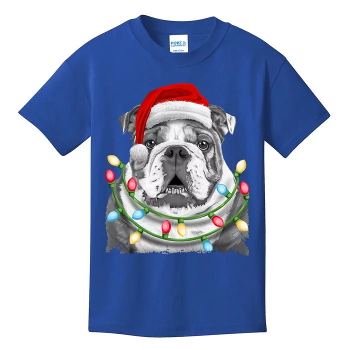 English Bulldog Santa Christmas Tree Lights Xmas Boys Dog Gift Kids T-Shirt