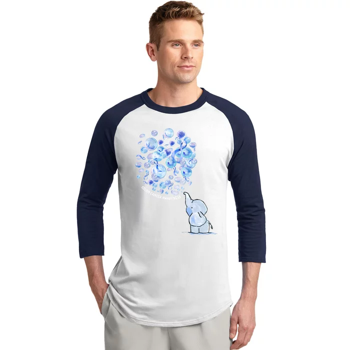 Elephant Blowing Up Dark Blue Balloon Colon Cancer Awareness Cool Gift Baseball Sleeve Shirt