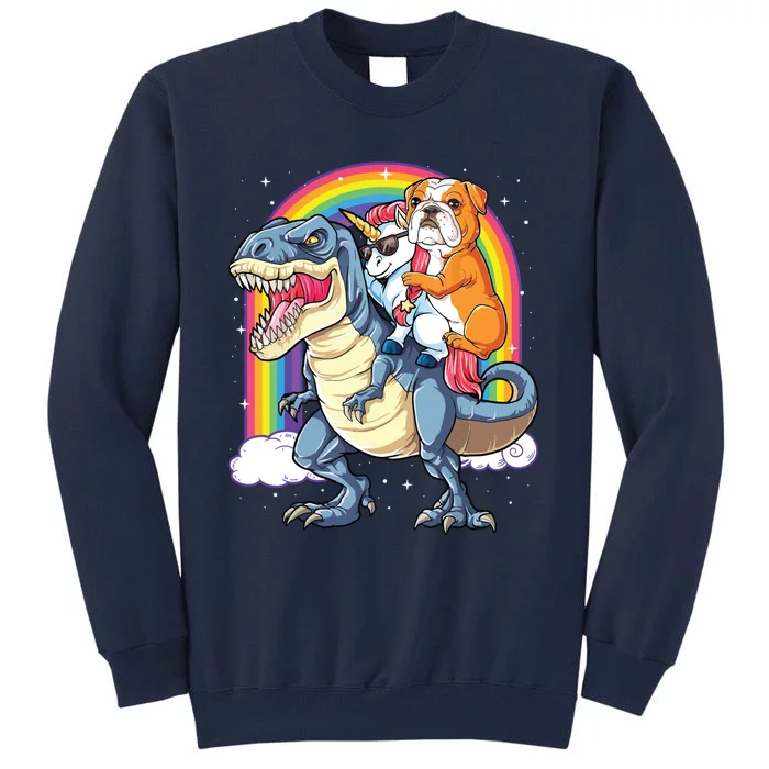 English Bulldog Unicorn Riding Dinosaur T Rex Gifts Girl Tall Sweatshirt