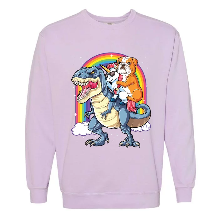 English Bulldog Unicorn Riding Dinosaur T Rex Gifts Girl Garment-Dyed Sweatshirt