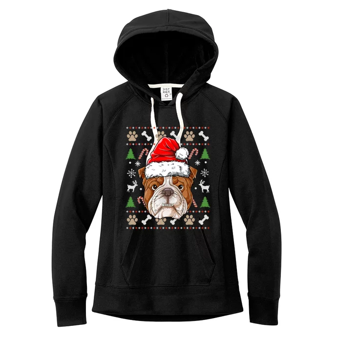 English Bulldog Ugly Christmas Dog Santa Hat Xmas Boys Gift Women's Fleece Hoodie