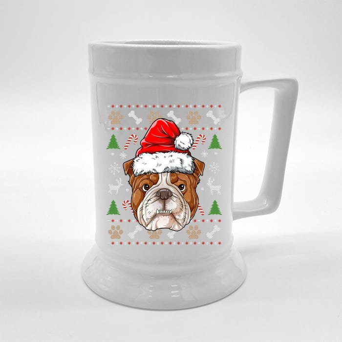 English Bulldog Ugly Christmas Dog Santa Hat Xmas Boys Gift Front & Back Beer Stein