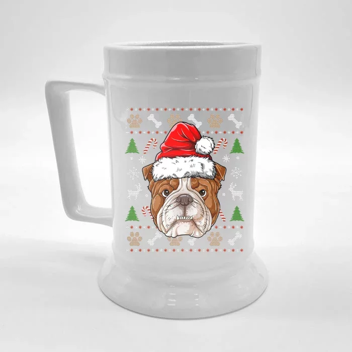 English Bulldog Ugly Christmas Dog Santa Hat Xmas Boys Gift Front & Back Beer Stein