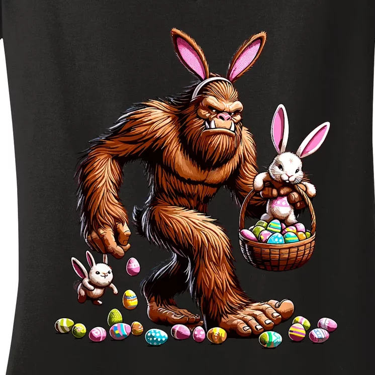 Easter Bigfoot With Bunny & Egg Basket Festive Celebration Women's V-Neck T-Shirt