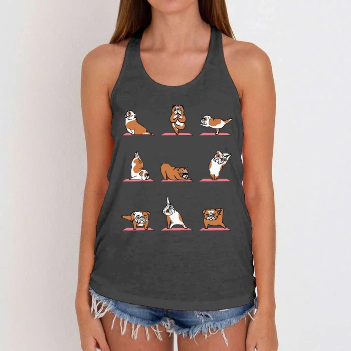 English Bulldog Yoga Puppy Yoga Poses And Meditation Women's Knotted Racerback Tank