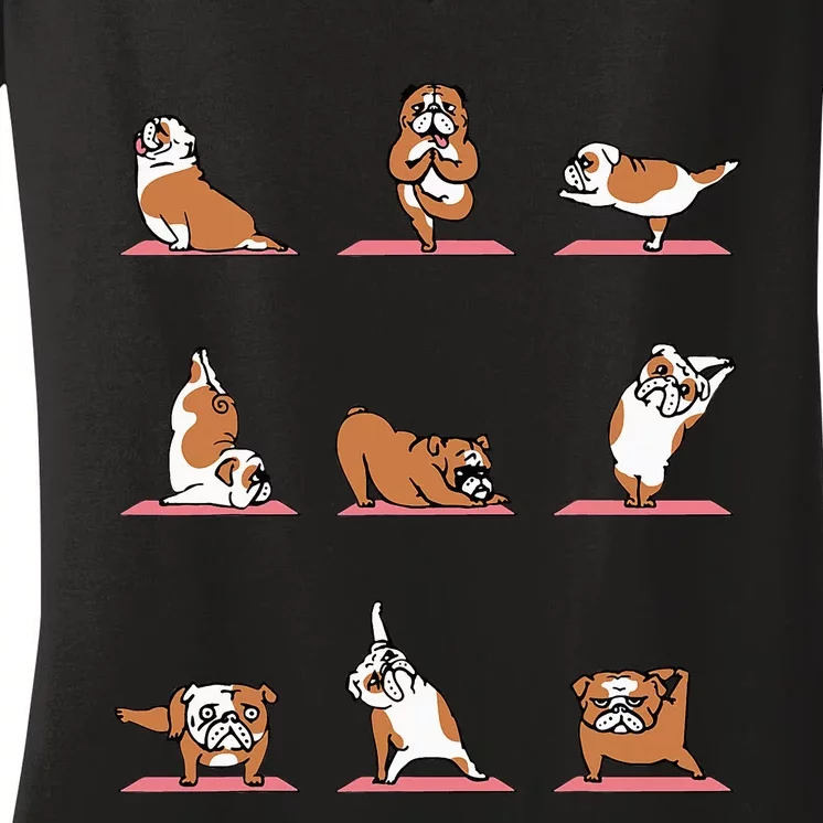 English Bulldog Yoga Puppy Yoga Poses And Meditation Women's V-Neck T-Shirt