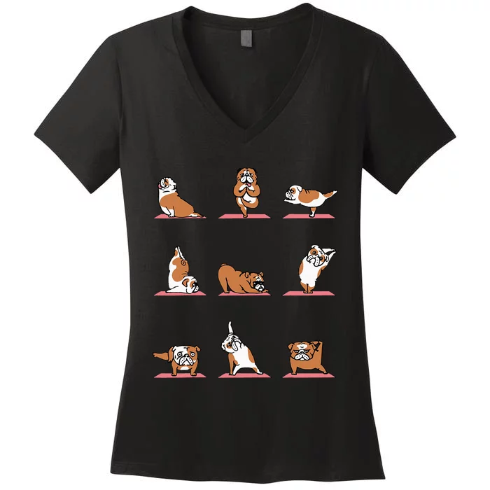 English Bulldog Yoga Puppy Yoga Poses And Meditation Women's V-Neck T-Shirt