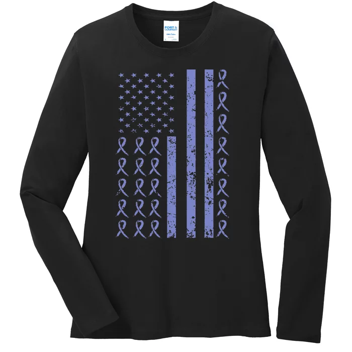 Esophageal Cancer Awareness Periwinkle Ribbon American Flag Ladies Long Sleeve Shirt