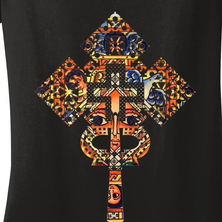 Ethiopian Christian Art Christ In Glory Ethiopian Cross Women's V-Neck T-Shirt