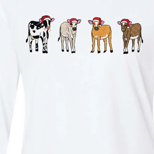 Embroidered Christmas Cow Womens Cotton Relaxed Long Sleeve T-Shirt