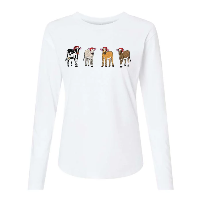 Embroidered Christmas Cow Womens Cotton Relaxed Long Sleeve T-Shirt