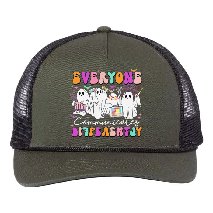 Everyone Communicates Differently Speech Therapy Halloween Retro Rope Trucker Hat Cap