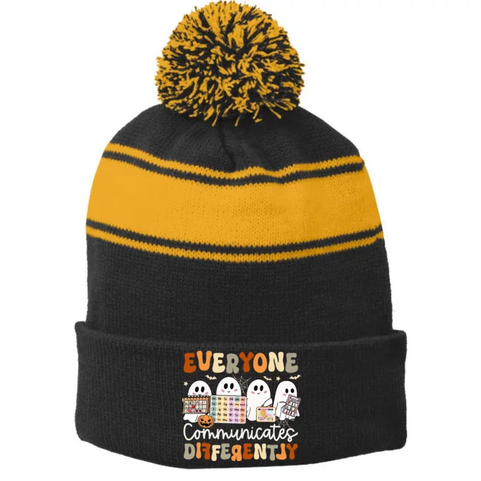 Everyone Communicates Differently Speech Therapy Halloween Stripe Pom Pom Beanie