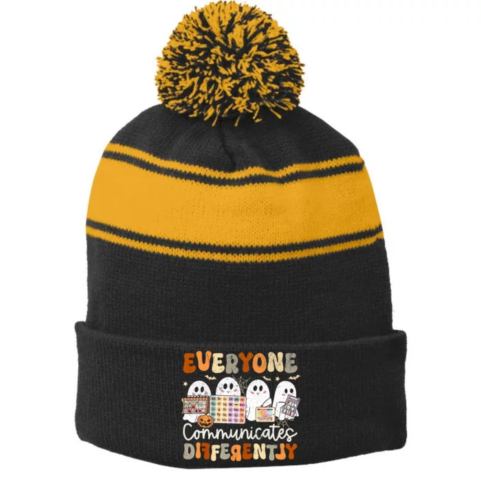 Everyone Communicates Differently Halloween Slp Sped Teacher Stripe Pom Pom Beanie