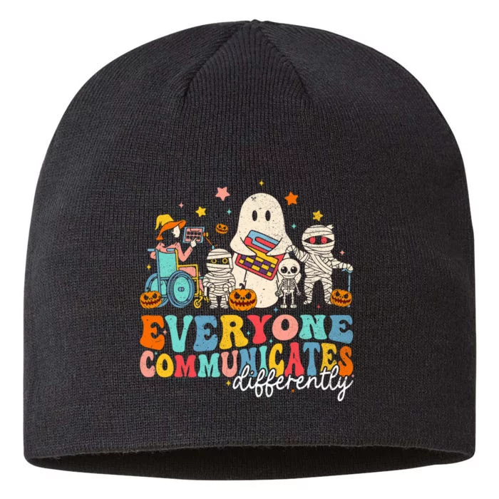 Everyone Communicates Differently Halloween Slp Sped Teacher 8 1/2in Sustainable Knit Beanie