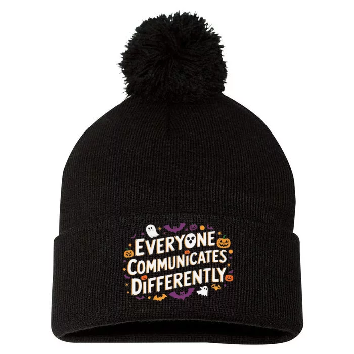 Everyone Communicates Differently Speech Therapy Halloween Pom Pom 12in Knit Beanie