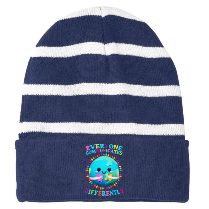 Everyone Communicated Differently Autism Awareness Acceptance Striped Beanie with Solid Band