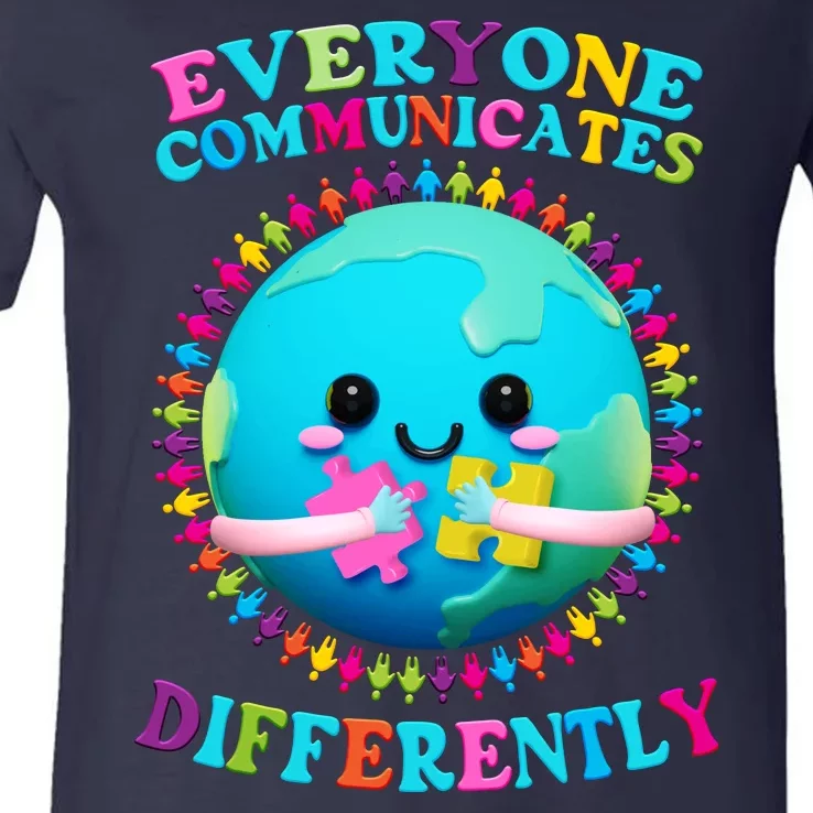 Everyone Communicated Differently Autism Awareness Acceptance V-Neck T-Shirt