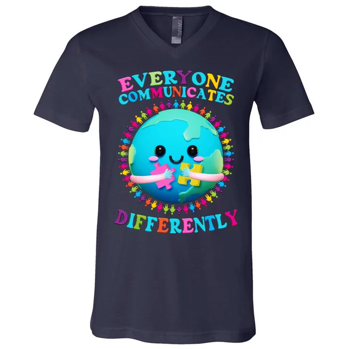 Everyone Communicated Differently Autism Awareness Acceptance V-Neck T-Shirt