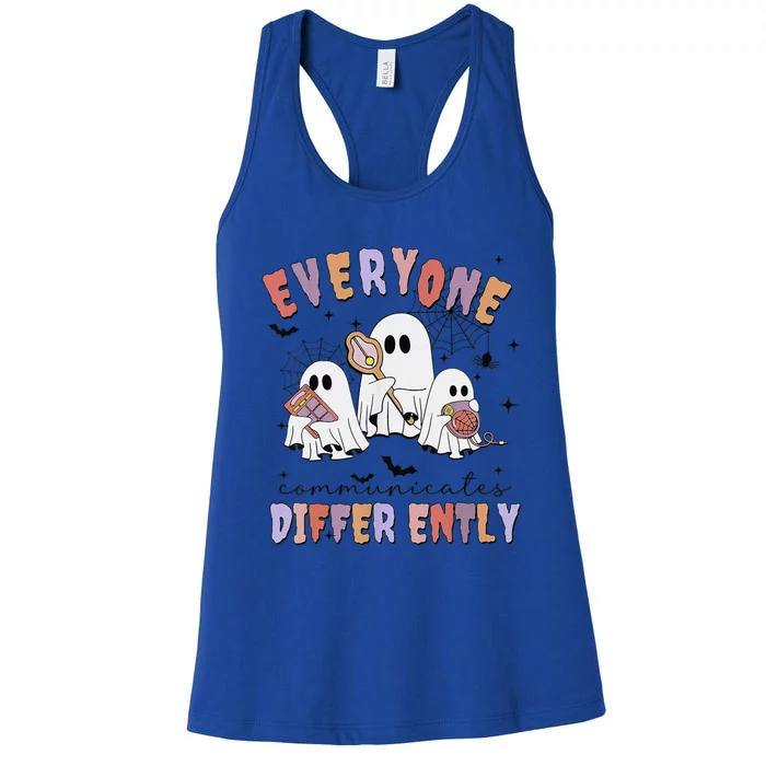 Everyone Communicate Differently Cute Ghost Halloween Autism Women's Racerback Tank