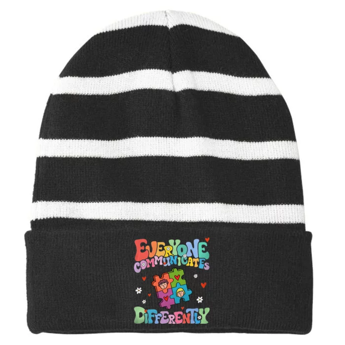 Everyone Communicate Differently, Autism Awareness Month Striped Beanie with Solid Band