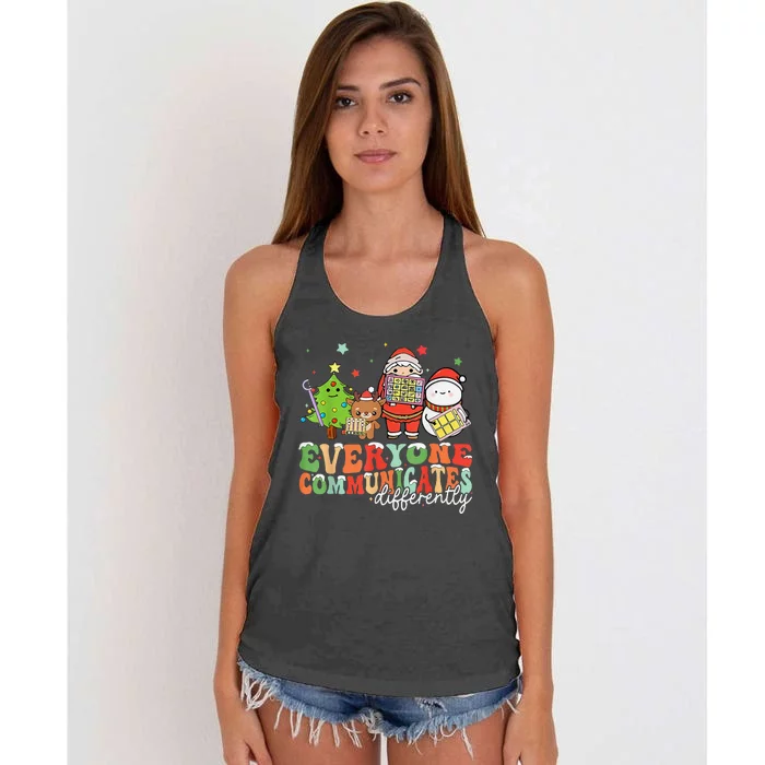 Everyone Communicates Differently Christmas Slp Therapy Women's Knotted Racerback Tank