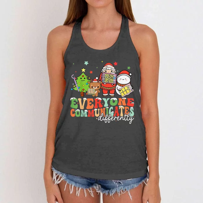 Everyone Communicates Differently Christmas Slp Therapy Women's Knotted Racerback Tank