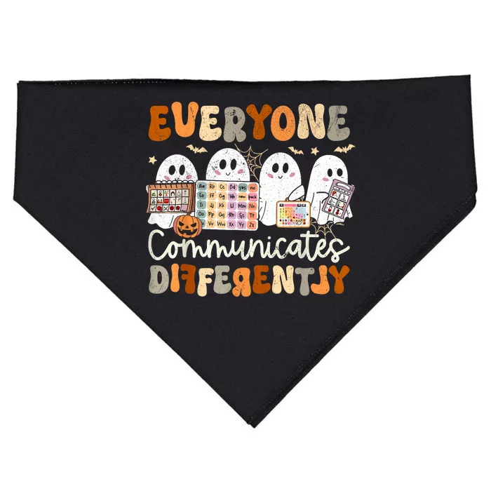 Everyone Communicates Differently Halloween Slp Sped Teacher USA-Made Doggie Bandana