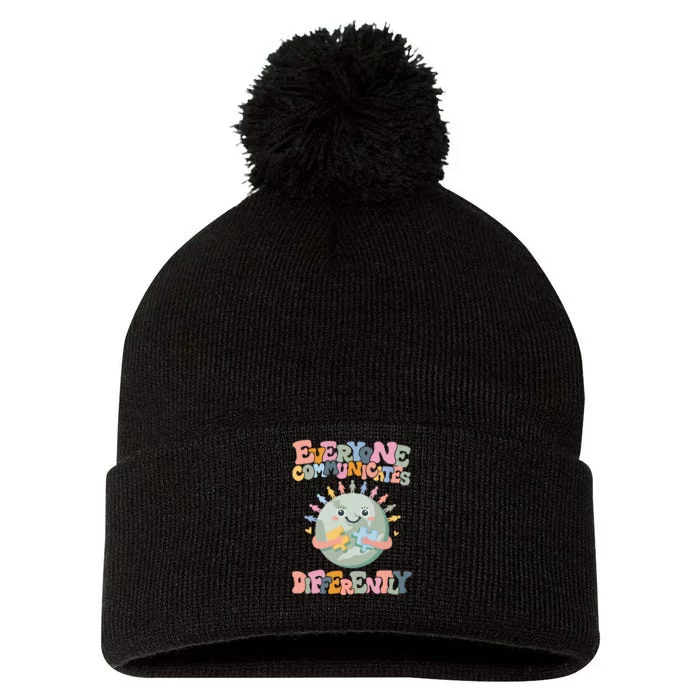 Everyone Communicates Differently Autism Awarenes Pom Pom 12in Knit Beanie