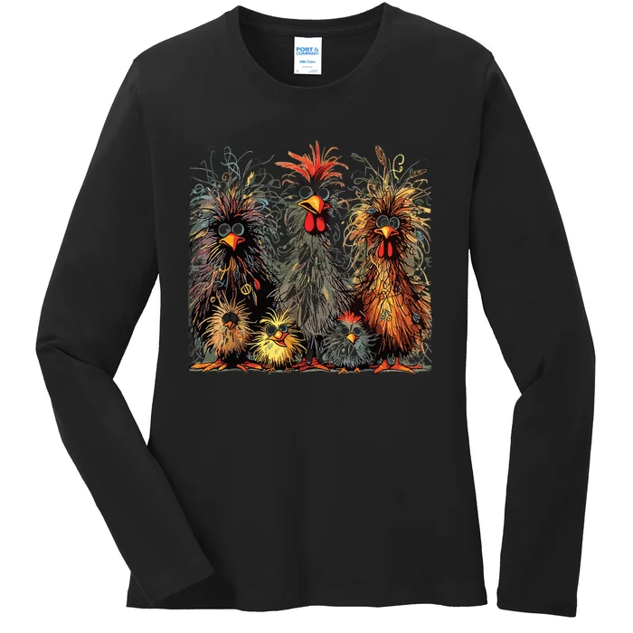 Eagerlys Colorful Funny Chicken Art Crazy Chicken Family Ladies Long Sleeve Shirt