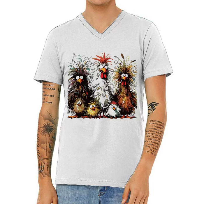 Eagerlys Colorful Funny Chicken Art V-Neck T-Shirt