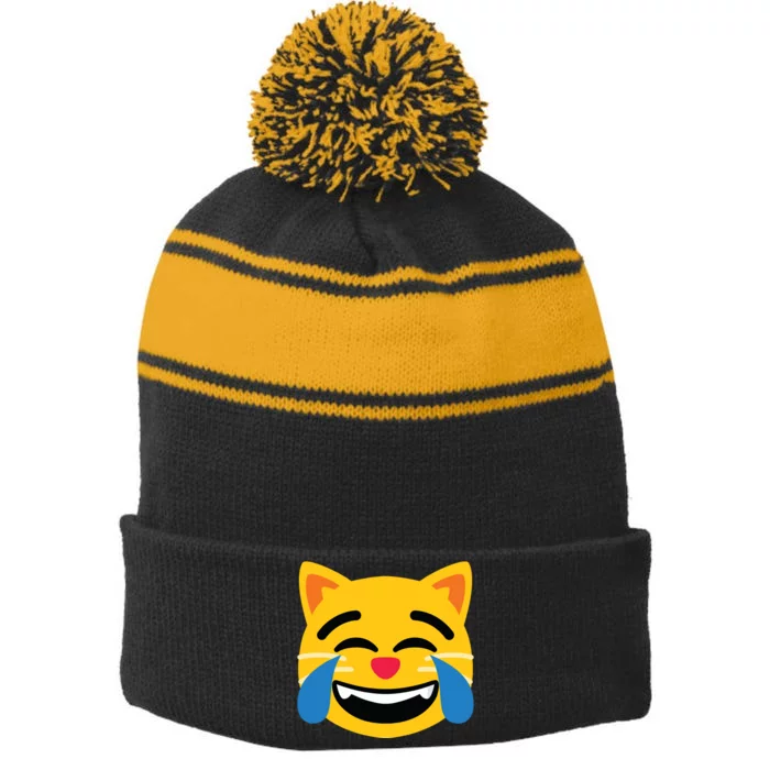 Emoticon Cat Face With Tears Of Joy Stripe Pom Pom Beanie