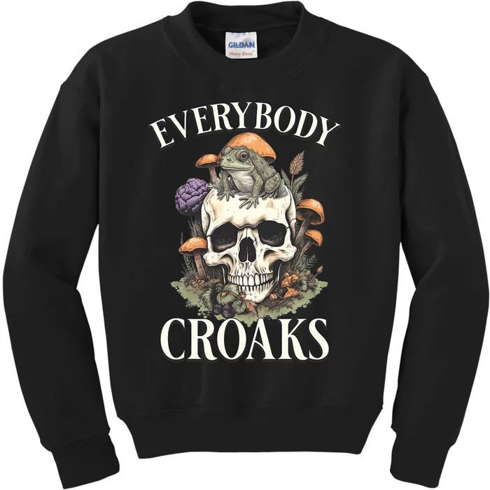 Everybody Croaks Funny Cottacore Frog Mushroom Skull Witch Kids Sweatshirt