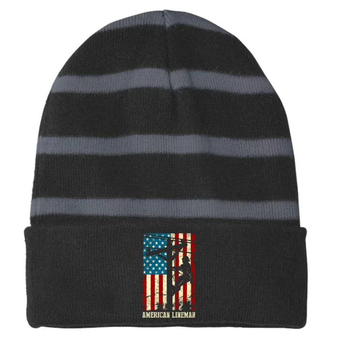 Electric Cable Gift Lineman American Flag Striped Beanie with Solid Band