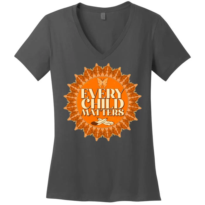 Every Child Matters Orange Butterfly Sun Flower Women's V-Neck T-Shirt