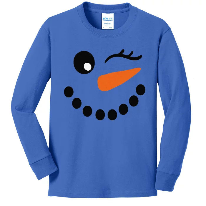 Eyelashes Christmas Outfit Snowman Face Wink Eye Funny Kids Long Sleeve Shirt