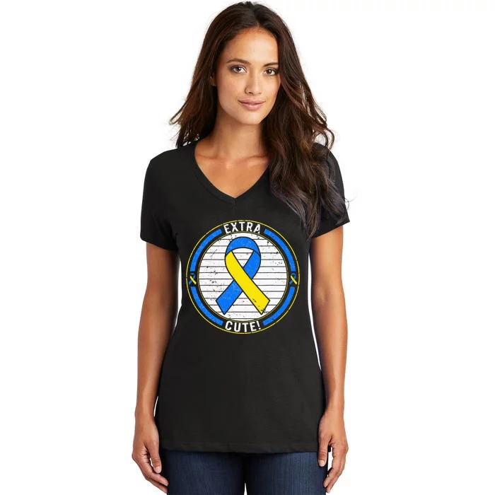 Extra Cute Ribbon Blue And Yellow World Down Syndrome Day Women's V-Neck T-Shirt