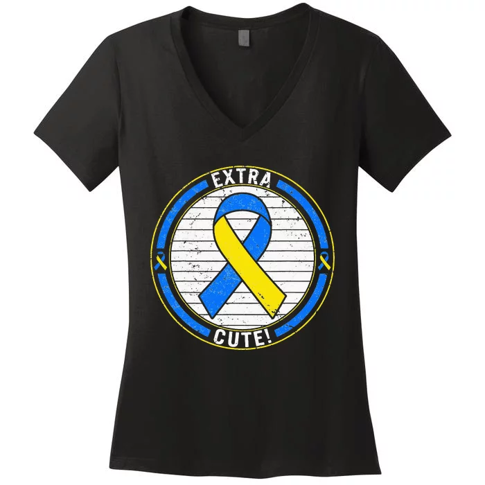 Extra Cute Ribbon Blue And Yellow World Down Syndrome Day Women's V-Neck T-Shirt