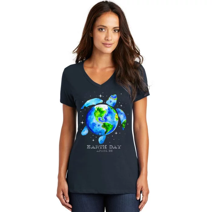 Earth Day 2024 Restore Earth Sea Turtle Art Save The Planet Women's V-Neck T-Shirt