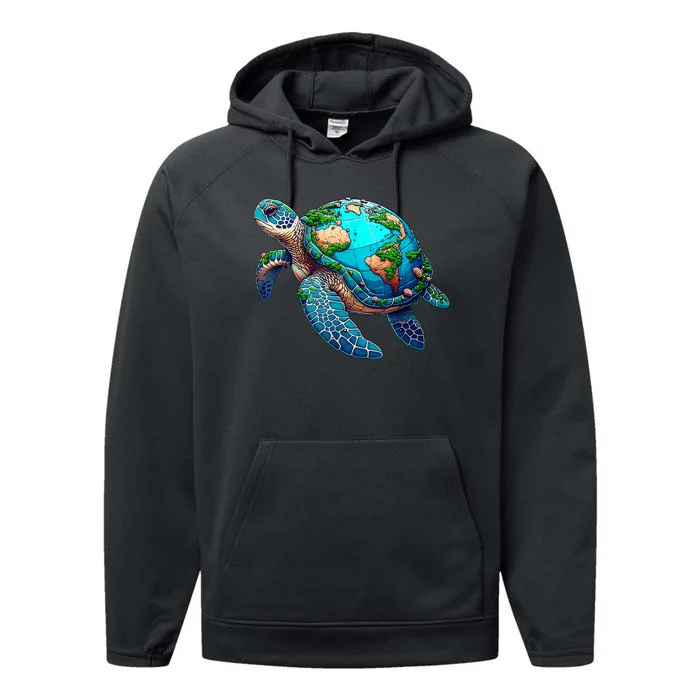 Earth Day 2024 Restore Earth Sea Turtle Art Save The Planet Performance Fleece Hoodie