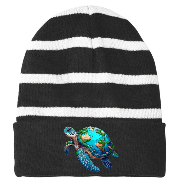 Earth Day 2024 Restore Earth Sea Turtle Art Save The Planet Striped Beanie with Solid Band