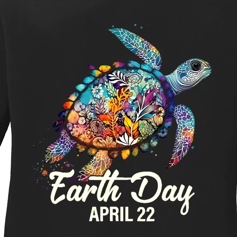 Earth Day 2024 Restore Earth Sea Turtle Art Save The Planet Ladies Long Sleeve Shirt