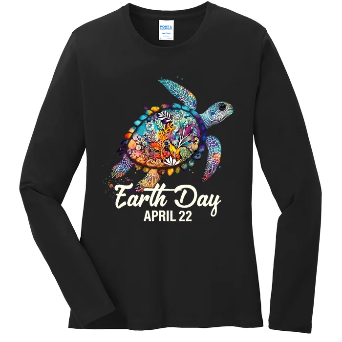 Earth Day 2024 Restore Earth Sea Turtle Art Save The Planet Ladies Long Sleeve Shirt