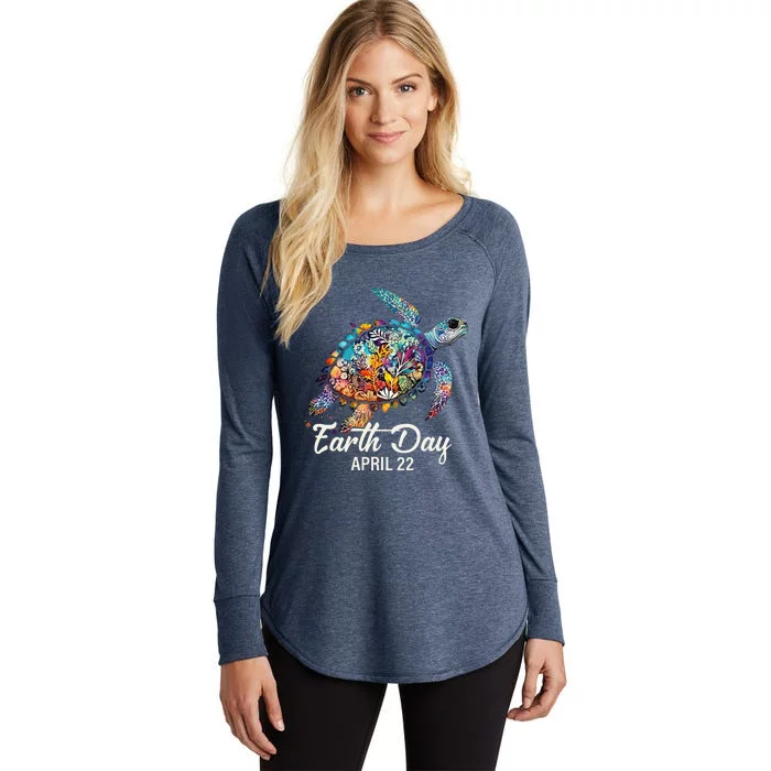 Earth Day 2024 Restore Earth Sea Turtle Art Save The Planet Women's Perfect Tri Tunic Long Sleeve Shirt