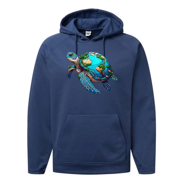 Earth Day 2024 Restore Earth Sea Turtle Art Save The Planet Performance Fleece Hoodie